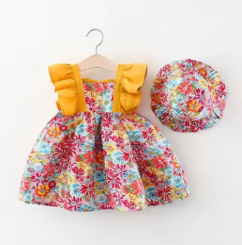 Summer New Girl Baby Strap Dress Fragmented Flower Children's Sleeveless Princess Dress 0-3 Year Old Newborn Comes with Hat