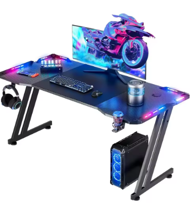 47 Inch Gaming Desk with LED Lights Carbon Fibre Surface Gaming Table Large Computer Desk Ergonomic Home Office Desks Z Shaped