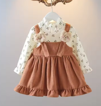 Spring and Autumn New Girls Dress Fake Two-piece Set Bear Fluffy Floral Corduroy Dress Birthday Party Team Dress
