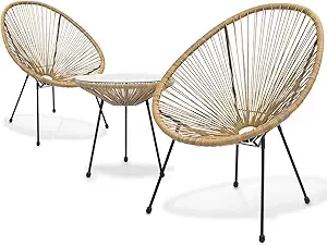 MoNiBloom 3 Piece Patio Set All Weather Outdoor Furniture Conversation Bistro Set with Plastic Rope, Glass Top Table and 2 Metal Steel Chairs for Garden Deck and Backyard Natural