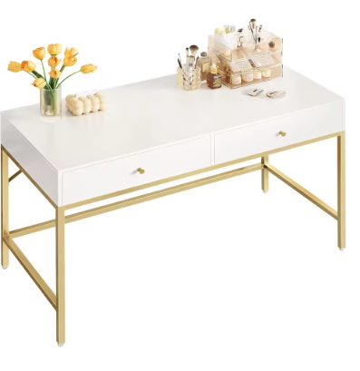 Vanity Desk with Drawers, 47 inch Computer Desk, Simple Home Office Desks, Makeup Dressing Table for Bedroom - White and Gold