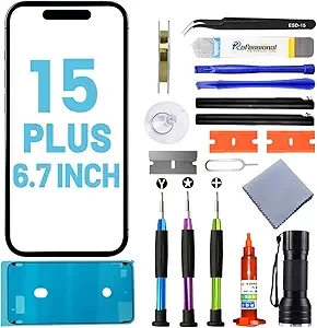for iPhone 15 Plus Screen Replacement, Glass Replacement for iPhone 15 Plus 6.7 inch, Screen Repair Kit with Waterproof Adhesive(NO OLED & Touch Digitizer)