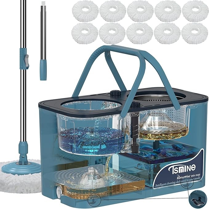 Mops and Buckets for Floor Cleaning, 360 Spin Mop and Bucket with Separates Dirty and Clean Water,4-Chamber Mop Bucket with Wringer Set for Home with 10 Replacement Mop Heads,4X Wheel