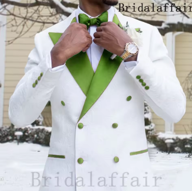 Kuson Men's White Suits Luxury Jacqaurd Groom Wedding Tuxedo Evening Dress Suit for Men 2 piece Blazer Pant Set Costume Homme