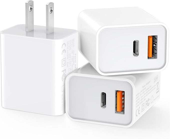 3 Pack USB C Wall Charger, 20W Durable Dual Port QC+PD 3.0 Power Adapter, Double Fast Plug Charging Block for iPhone 13/14/15/16/16 Pro/Pro Max/Plus, XS/XR/X, Watch Series 8/7 Cube，White