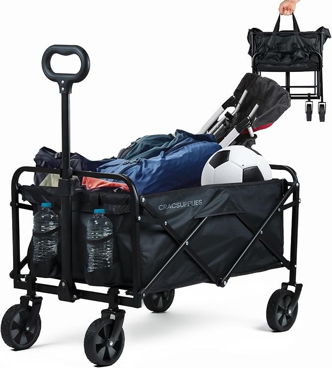 Collapsible Wagons Carts Foldable - 220 lb Load Capacity Collapsible Wagon with Wheels - Perfect Collapsible Beach Wagon. Collapsible Wagon Cart Foldable - Black