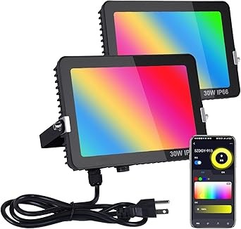 RGB LED Flood Light Outdoor Color Changing Led Stage Landscape Lights, 300W Equivalent 3000 LM, Bluetooth Smart Floodlights 2700K &Timing& Music Sync, IP66, US 3-Plug (2 Pack)